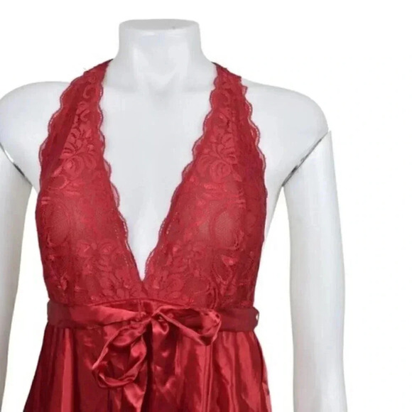 La Vie En Rose Satin Babydoll Lace Tie Waist Deep V Size Small - Picture 2 of 9